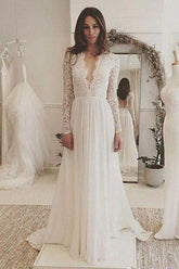 Fabulous Ivory Lace Chiffon Long Sleeves Backless V-Neck Wedding Dresses
